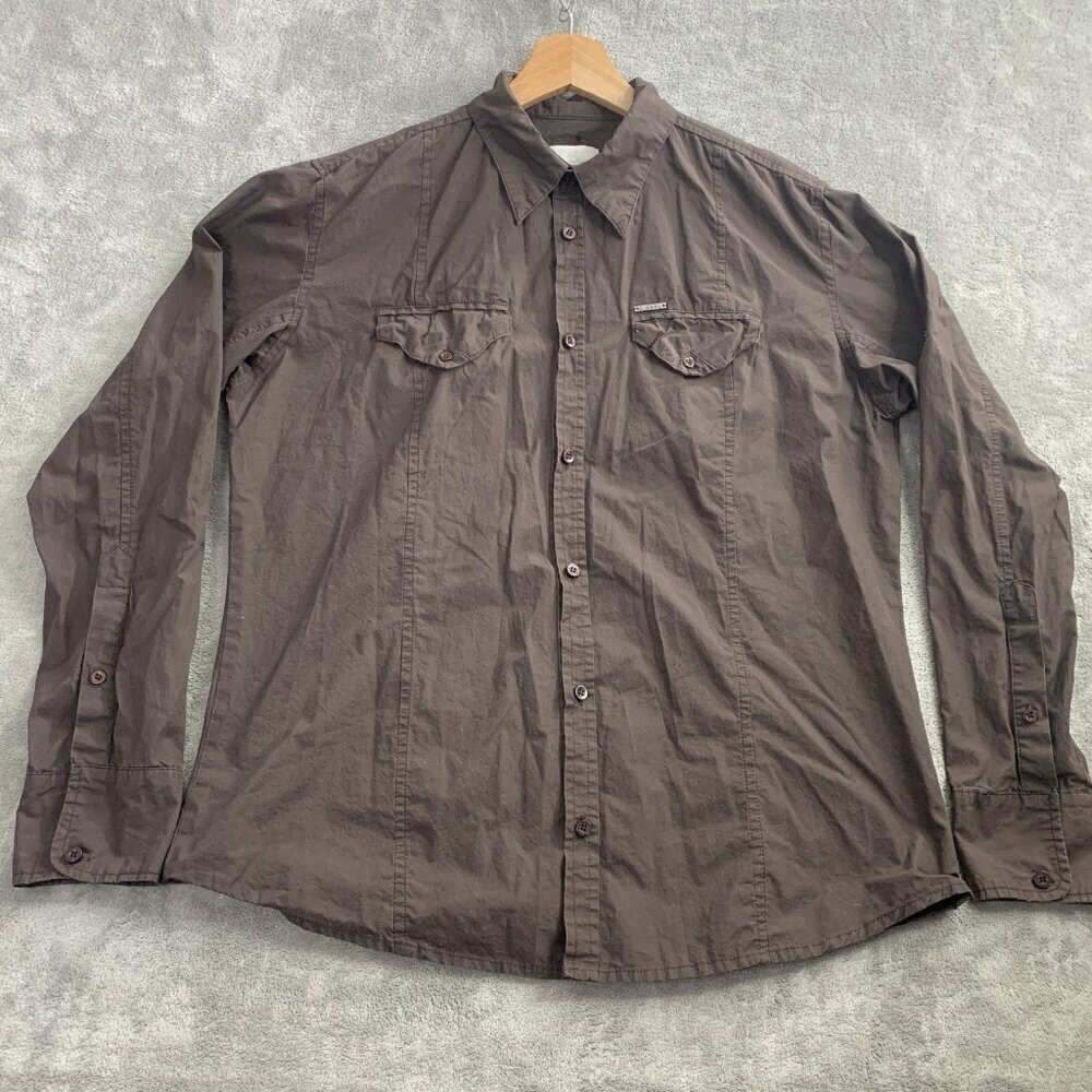 Diesel Shirt Men's XL Back Embroidery Brown Button-Up Casual Cotton Long Sleeve